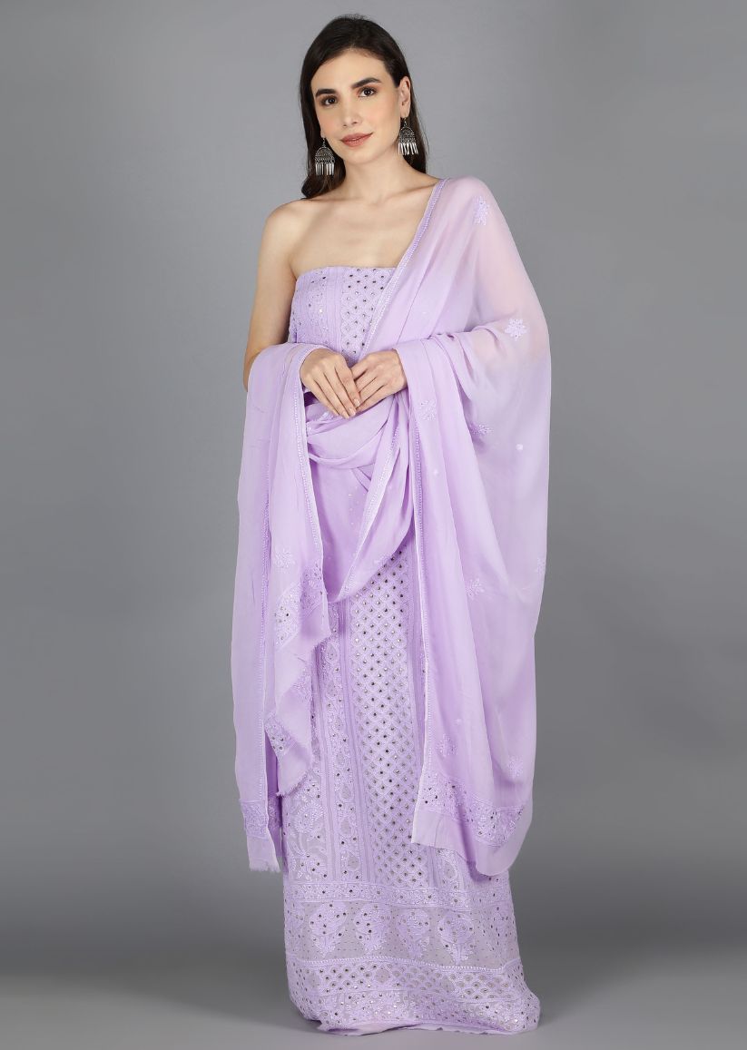 Firgun Mauve Lucknowi Chikankari Viscose Georgette Unstitched Kurta & Dupatta Set