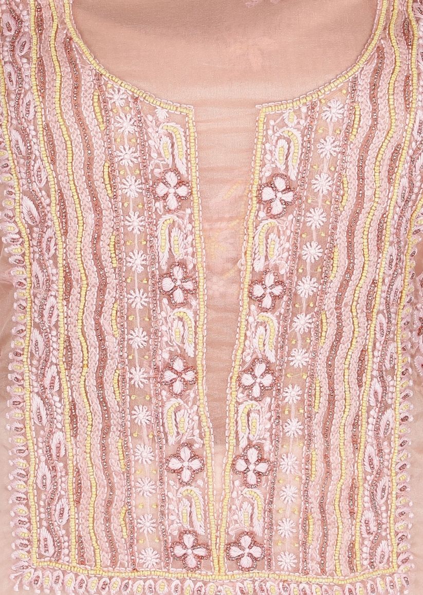 Firgun Rose gold Lucknowi Chikankari Organza Unstitched Kurta & Dupatta Set