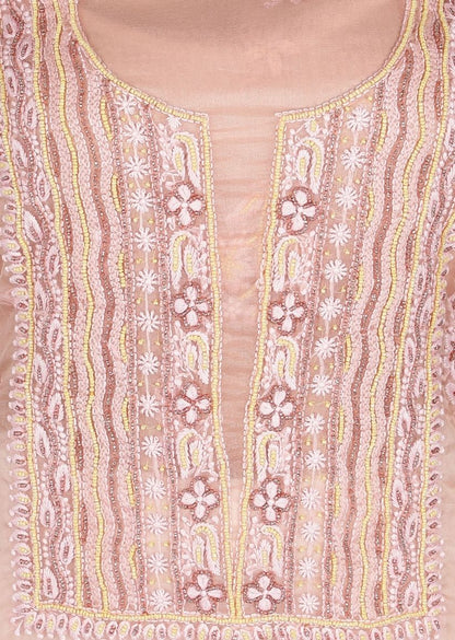 Firgun Rose gold Lucknowi Chikankari Organza Unstitched Kurta & Dupatta Set