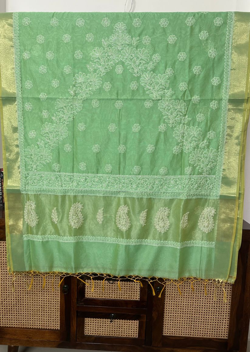 Firgun Pista Green Lucknowi Chikankari Chanderi Saree with Unstitched Blouse Piece