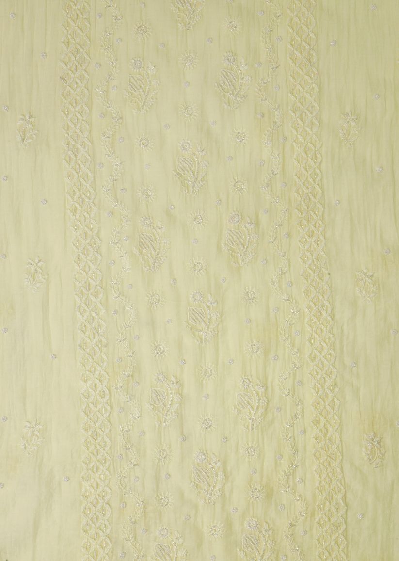 Firgun Lemon Lucknowi Chikankari & Pearl Work Mul Chanderi Unstitched Kurta & Dupatta Set