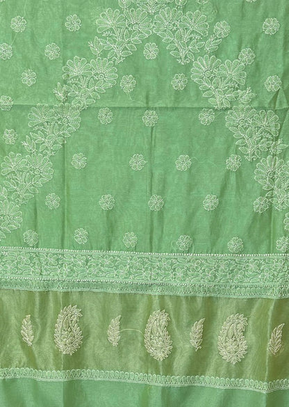 Firgun Pista Green Lucknowi Chikankari Chanderi Saree with Unstitched Blouse Piece