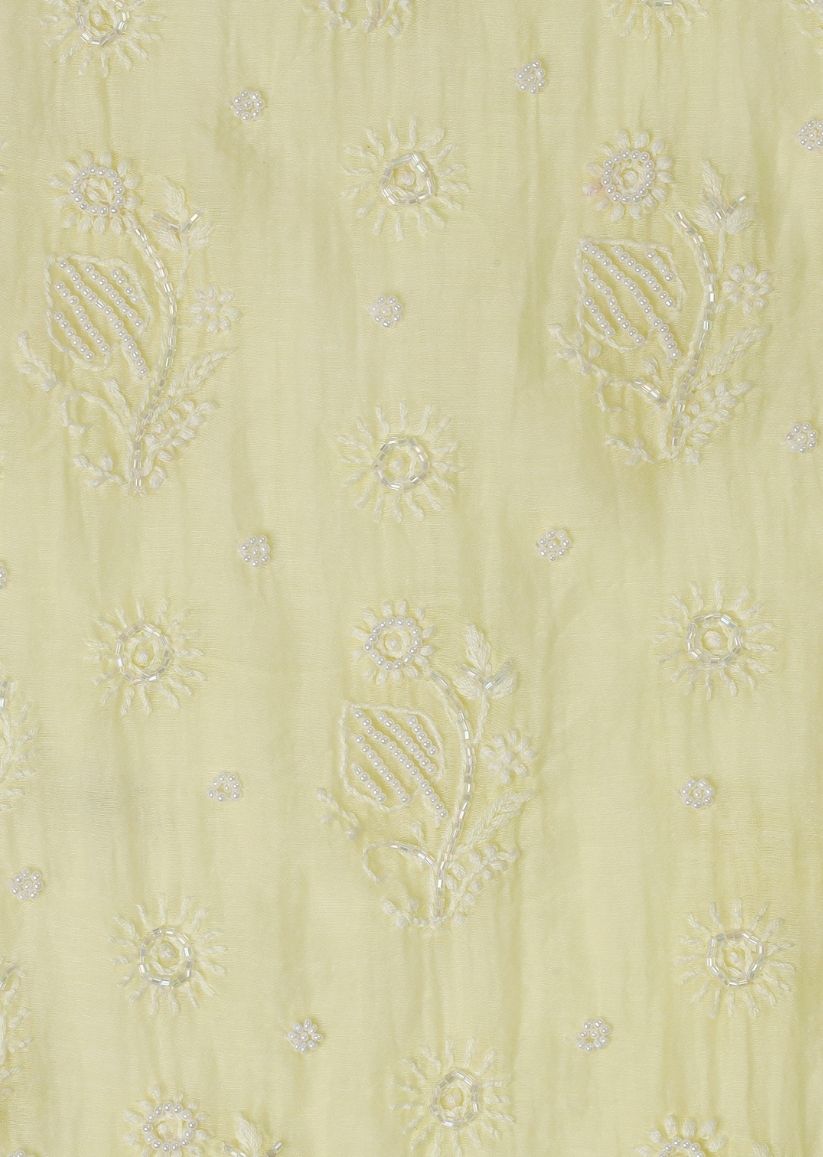 Firgun Lemon Lucknowi Chikankari & Pearl Work Mul Chanderi Unstitched Kurta & Dupatta Set