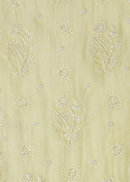 Firgun Lemon Lucknowi Chikankari & Pearl Work Mul Chanderi Unstitched Kurta & Dupatta Set