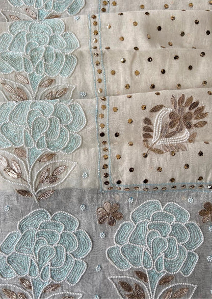 Firgun White Mul Chanderi Unstitched Kurta & Dupatta Set