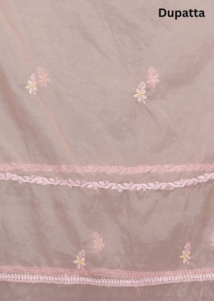 Firgun Rose gold Lucknowi Chikankari Organza Unstitched Kurta & Dupatta Set
