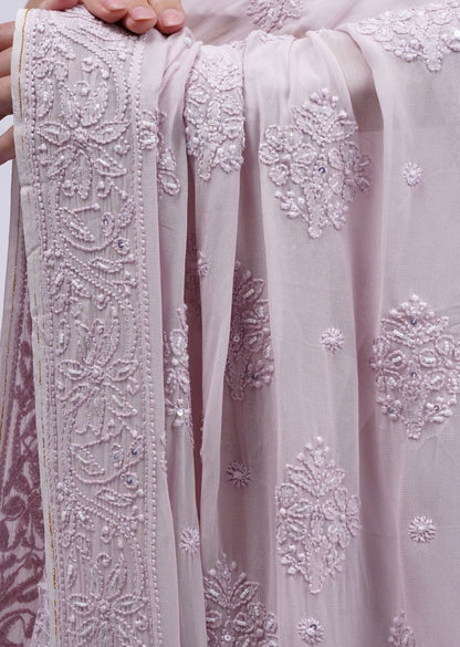 Firgun Rosy Brown Lucknowi Chikankari Viscose Georgette Saree with Unstitched Blouse Piece
