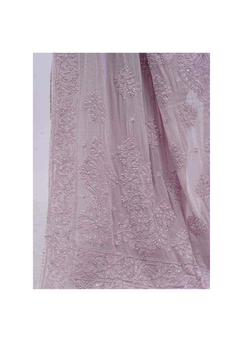 Firgun Rosy Brown Lucknowi Chikankari Viscose Georgette Saree with Unstitched Blouse Piece