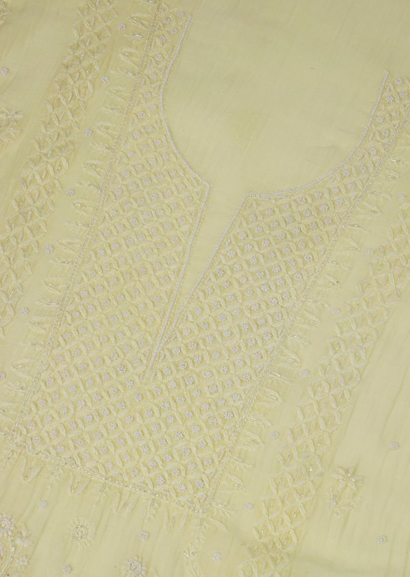 Firgun Lemon Lucknowi Chikankari & Pearl Work Mul Chanderi Unstitched Kurta & Dupatta Set