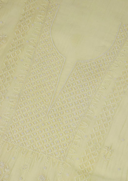 Firgun Lemon Lucknowi Chikankari & Pearl Work Mul Chanderi Unstitched Kurta & Dupatta Set