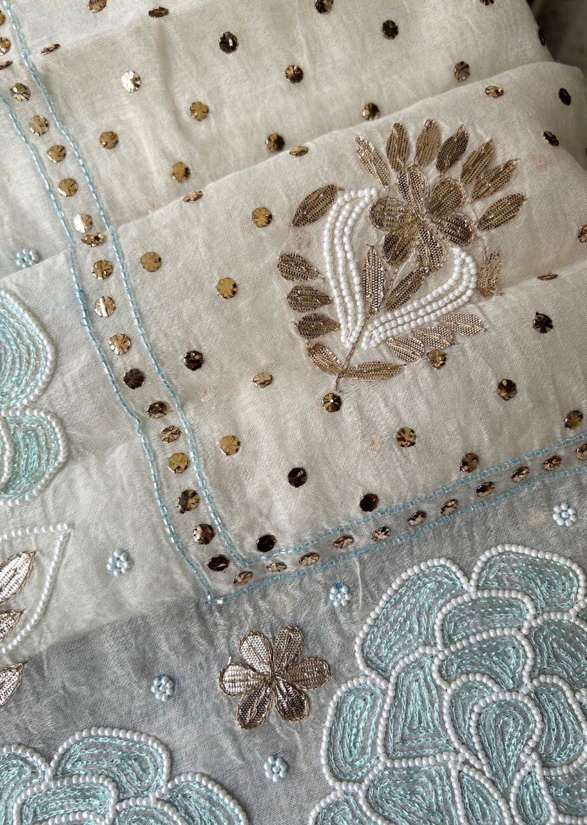 Firgun White Mul Chanderi Unstitched Kurta & Dupatta Set