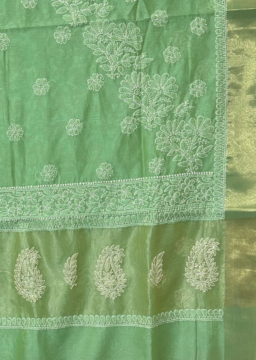 Firgun Pista Green Lucknowi Chikankari Chanderi Saree with Unstitched Blouse Piece