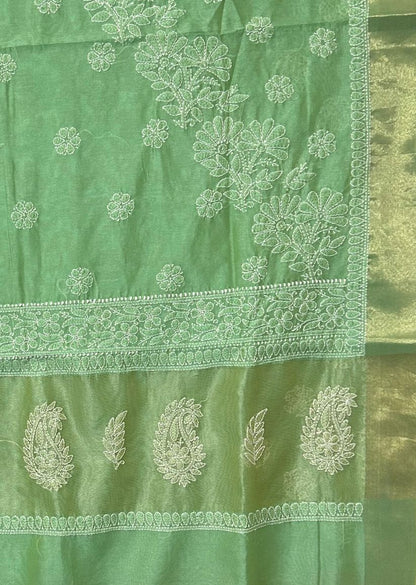Firgun Pista Green Lucknowi Chikankari Chanderi Saree with Unstitched Blouse Piece
