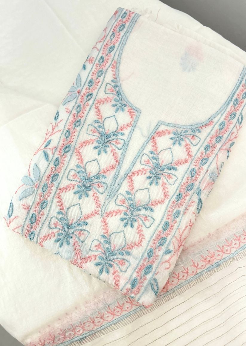 Firgun White Multi Colour Lucknowi Chikankari Mul Chanderi Unstitched Kurta & Dupatta Set