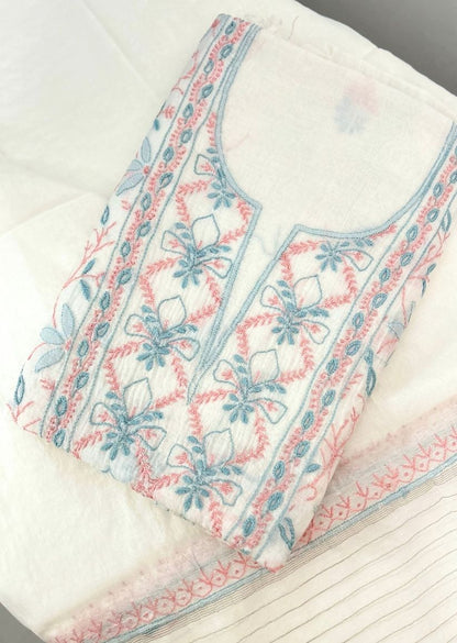 Firgun White Multi Colour Lucknowi Chikankari Mul Chanderi Unstitched Kurta & Dupatta Set