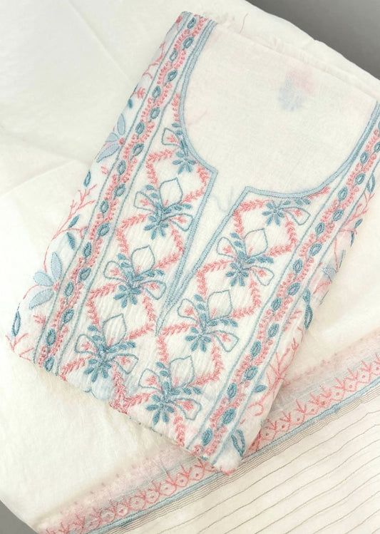 Firgun White Multi Colour Lucknowi Chikankari Mul Chanderi Unstitched Kurta & Dupatta Set