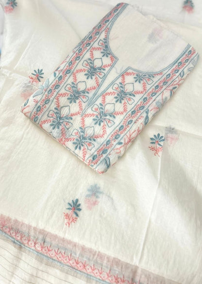 Firgun White Multi Colour Lucknowi Chikankari Mul Chanderi Unstitched Kurta & Dupatta Set