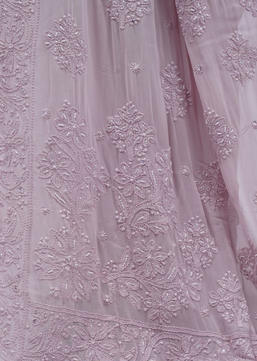 Firgun Rosy Brown Lucknowi Chikankari Viscose Georgette Saree with Unstitched Blouse Piece