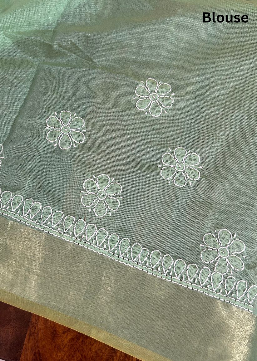 Firgun Pista Green Lucknowi Chikankari Chanderi Saree with Unstitched Blouse Piece