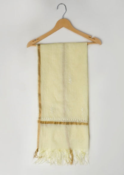 Firgun Lemon Lucknowi Chikankari & Pearl Work Mul Chanderi Unstitched Kurta & Dupatta Set