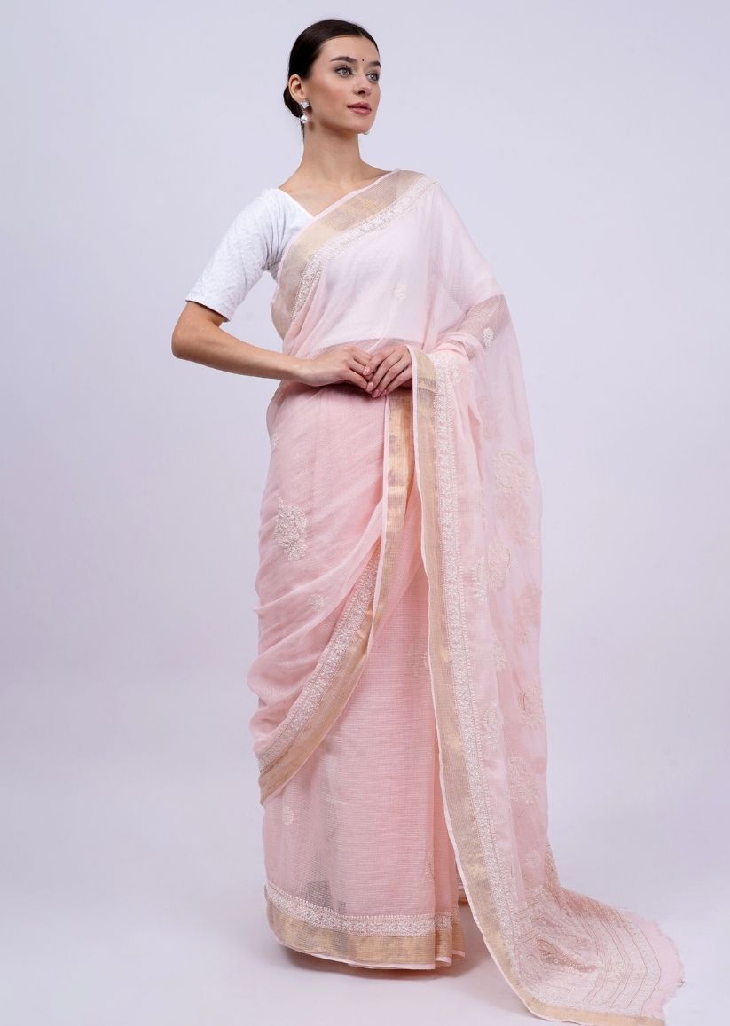 Firgun Peach Lucknowi Chikankari Kota Doria Saree with Unstitched Blouse Piece