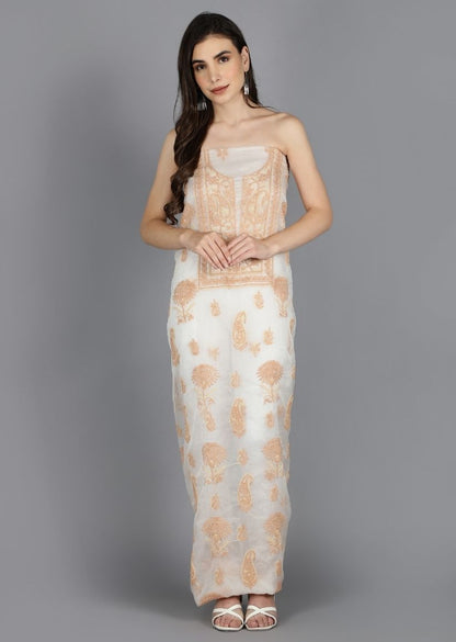 Firgun White & Beige Lucknowi Chikankari Organza Unstitched Kurta & Dupatta Set