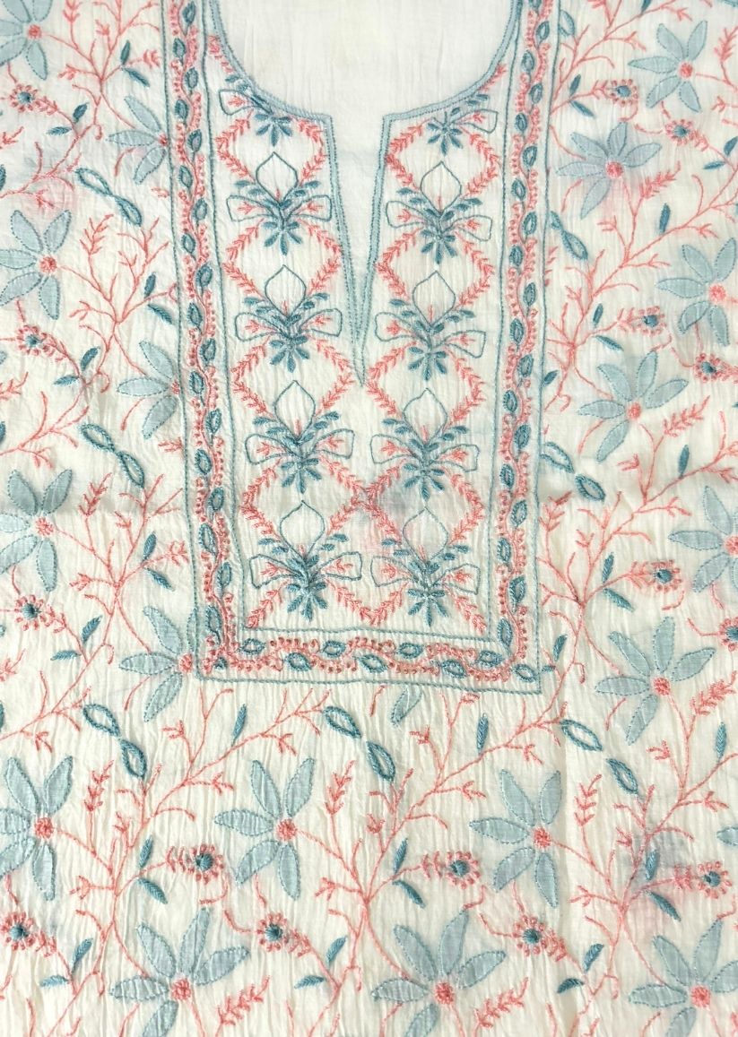 Firgun White Multi Colour Lucknowi Chikankari Mul Chanderi Unstitched Kurta & Dupatta Set