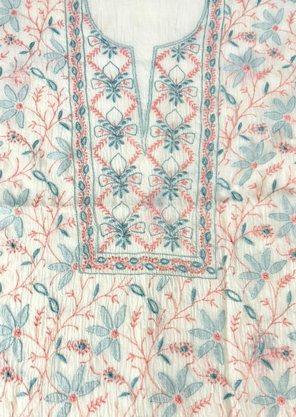 Firgun White Multi Colour Lucknowi Chikankari Mul Chanderi Unstitched Kurta & Dupatta Set