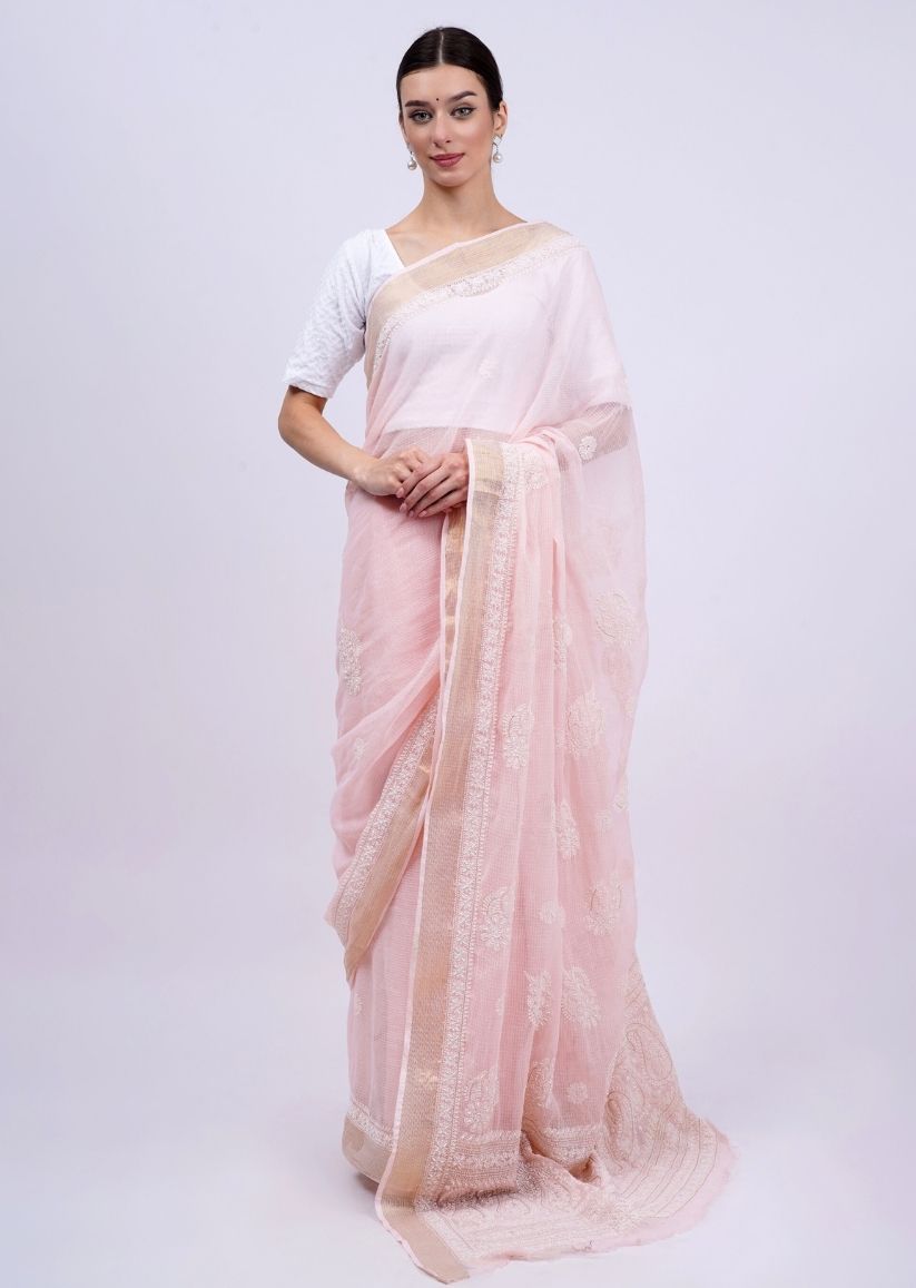 Firgun Peach Lucknowi Chikankari Kota Doria Saree with Unstitched Blouse Piece
