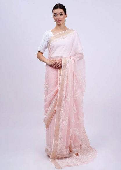 Firgun Peach Lucknowi Chikankari Kota Doria Saree with Unstitched Blouse Piece