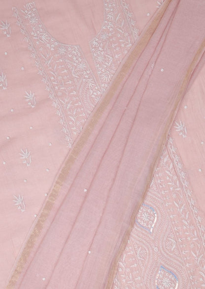 Firgun Pink Lucknowi Chikankari Mul Chanderi Panel Work Unstitched Kurta & Dupatta Set