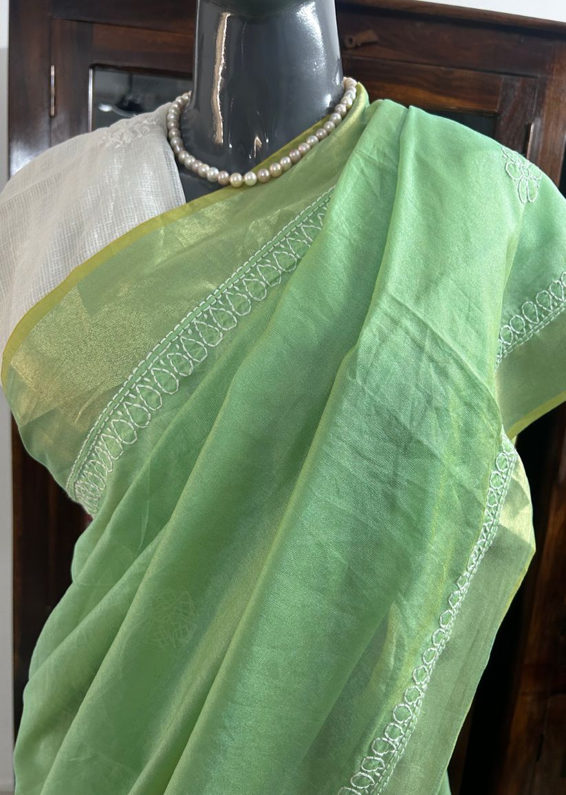 Firgun Pista Green Lucknowi Chikankari Chanderi Saree with Unstitched Blouse Piece