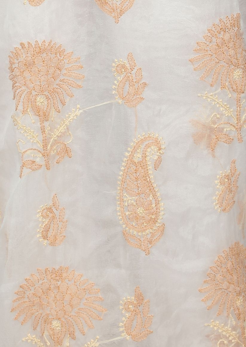 Firgun White & Beige Lucknowi Chikankari Organza Unstitched Kurta & Dupatta Set