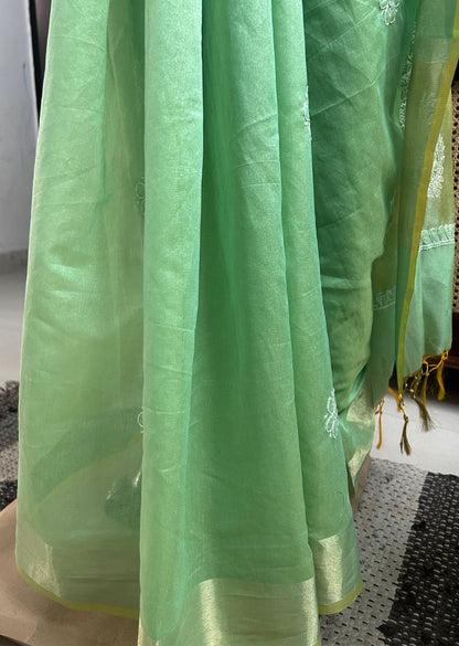 Firgun Pista Green Lucknowi Chikankari Chanderi Saree with Unstitched Blouse Piece