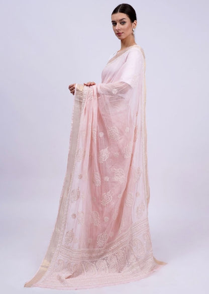 Firgun Peach Lucknowi Chikankari Kota Doria Saree with Unstitched Blouse Piece