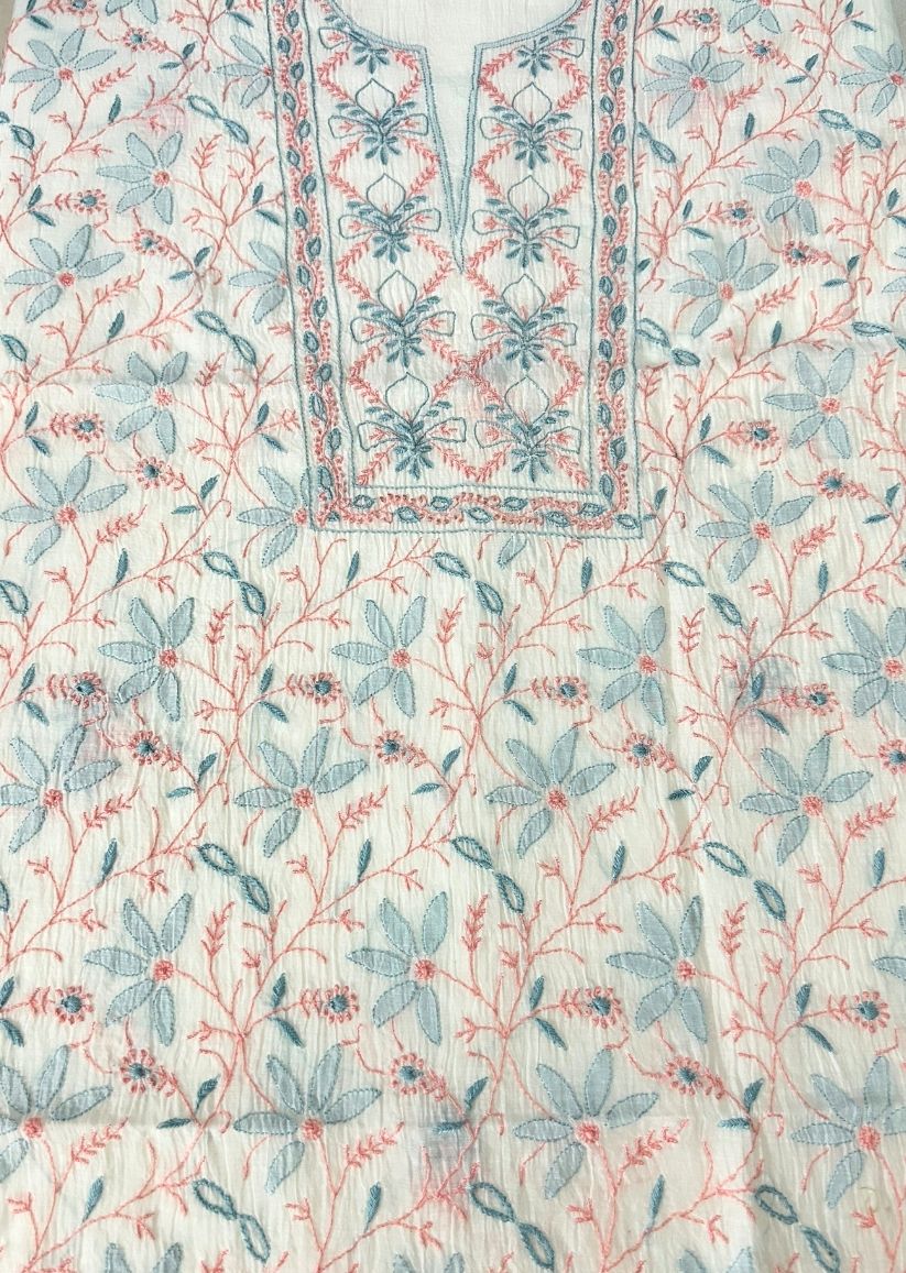 Firgun White Multi Colour Lucknowi Chikankari Mul Chanderi Unstitched Kurta & Dupatta Set