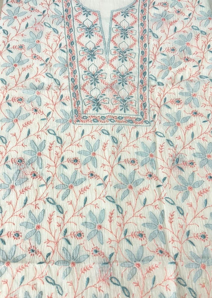 Firgun White Multi Colour Lucknowi Chikankari Mul Chanderi Unstitched Kurta & Dupatta Set