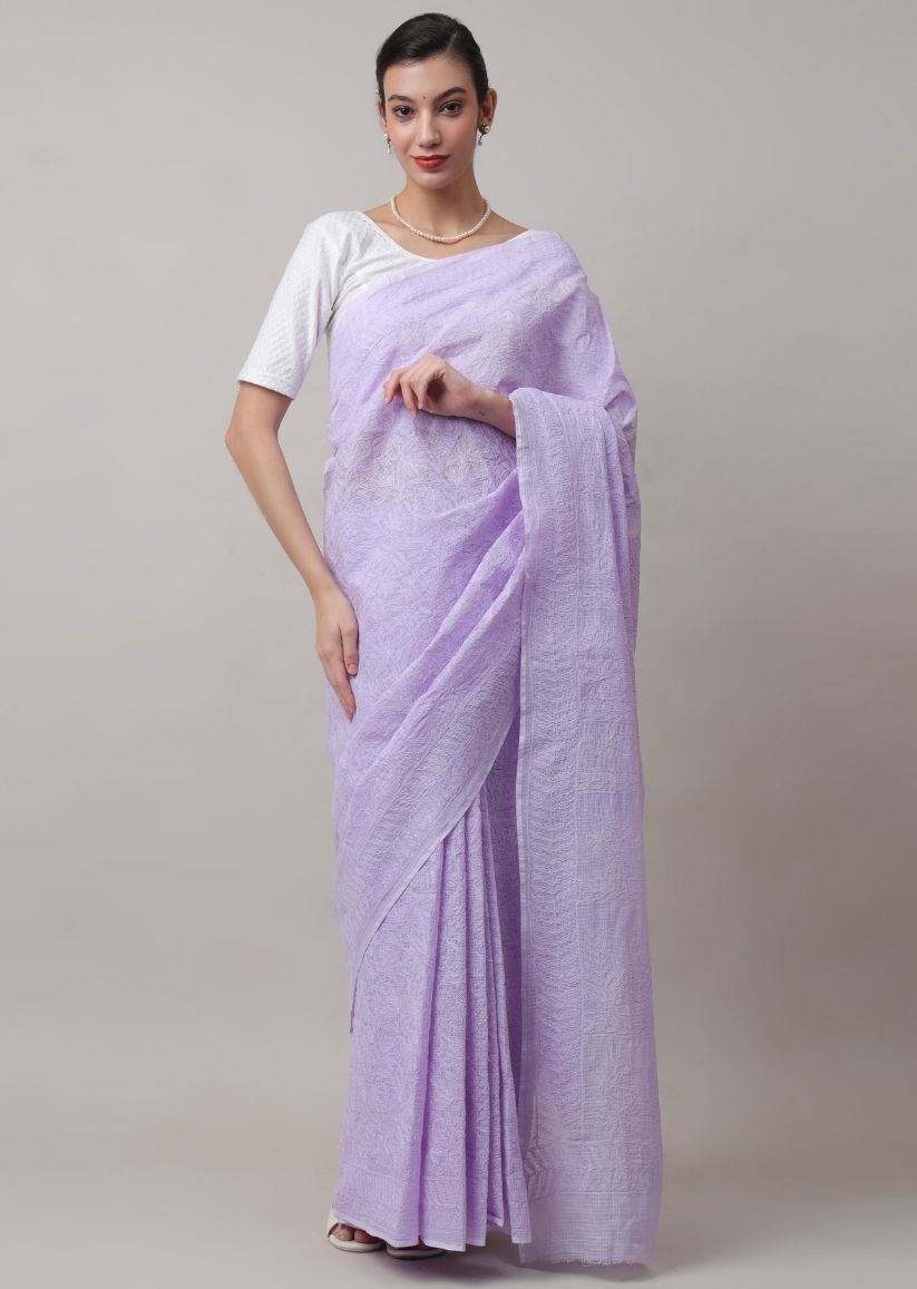 Firgun Lavender Lucknowi Chikankari Kota Doria Tepchi Work Saree with Blouse Piece