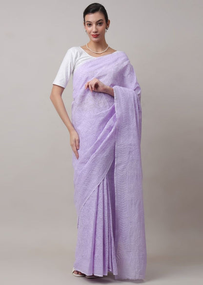 Firgun Lavender Lucknowi Chikankari Kota Doria Tepchi Work Saree with Blouse Piece