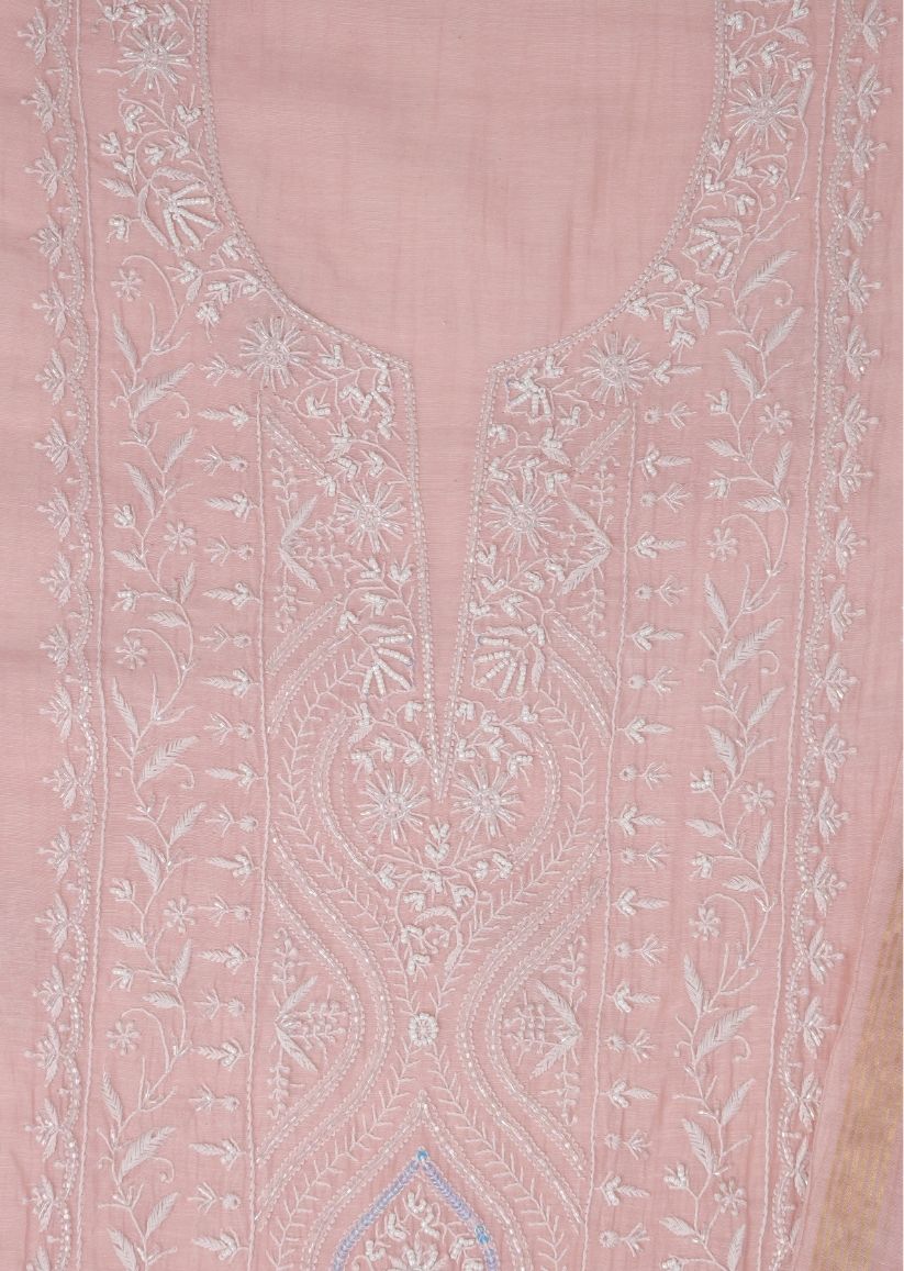 Firgun Pink Lucknowi Chikankari Mul Chanderi Panel Work Unstitched Kurta & Dupatta Set