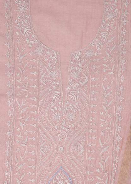 Firgun Pink Lucknowi Chikankari Mul Chanderi Panel Work Unstitched Kurta & Dupatta Set