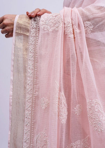 Firgun Peach Lucknowi Chikankari Kota Doria Saree with Unstitched Blouse Piece