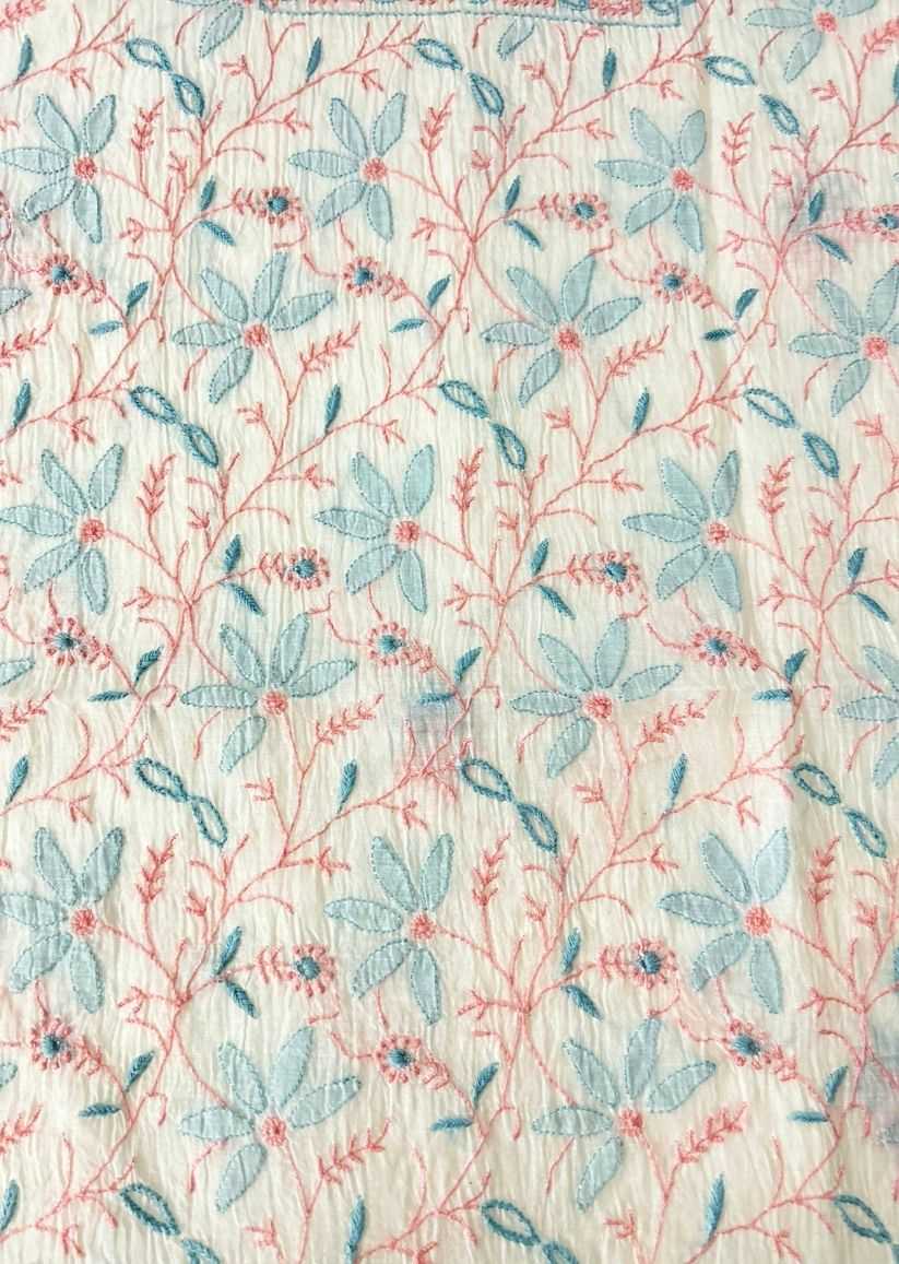 Firgun White Multi Colour Lucknowi Chikankari Mul Chanderi Unstitched Kurta & Dupatta Set