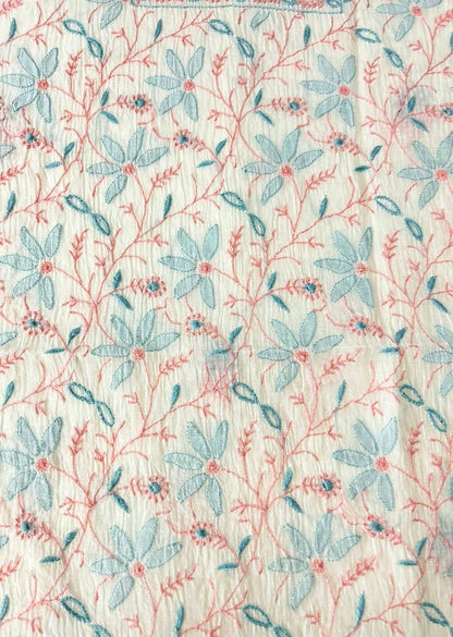 Firgun White Multi Colour Lucknowi Chikankari Mul Chanderi Unstitched Kurta & Dupatta Set