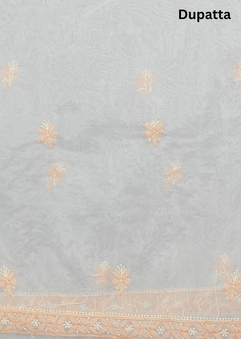 Firgun White & Beige Lucknowi Chikankari Organza Unstitched Kurta & Dupatta Set
