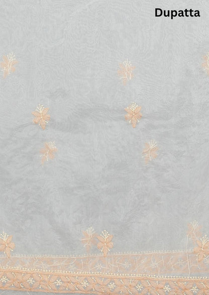 Firgun White & Beige Lucknowi Chikankari Organza Unstitched Kurta & Dupatta Set
