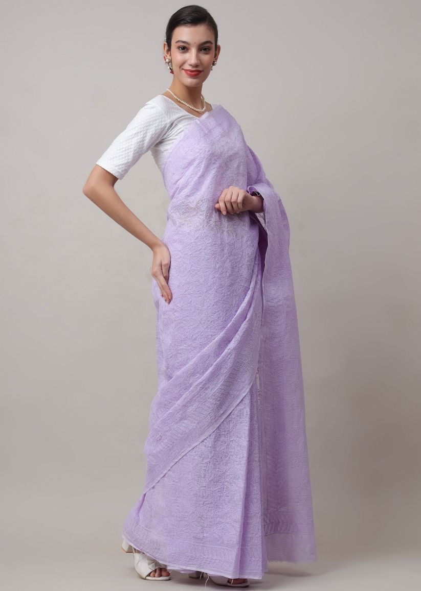 Firgun Lavender Lucknowi Chikankari Kota Doria Tepchi Work Saree with Blouse Piece