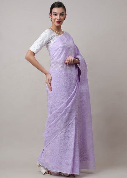 Firgun Lavender Lucknowi Chikankari Kota Doria Tepchi Work Saree with Blouse Piece