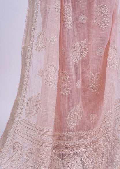 Firgun Peach Lucknowi Chikankari Kota Doria Saree with Unstitched Blouse Piece