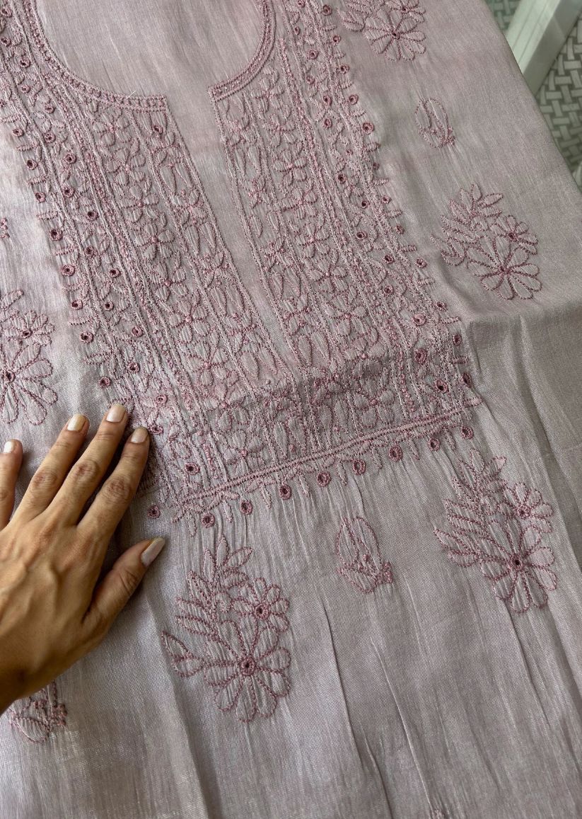 Firgun Rose Taupe Lucknowi Chikankari Chanderi Silver Tissue Kurta Dupatta Set